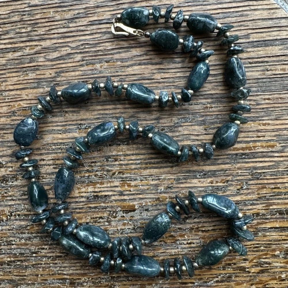 Vintage Tibetan beaded necklace Bali- green moss agate stones .